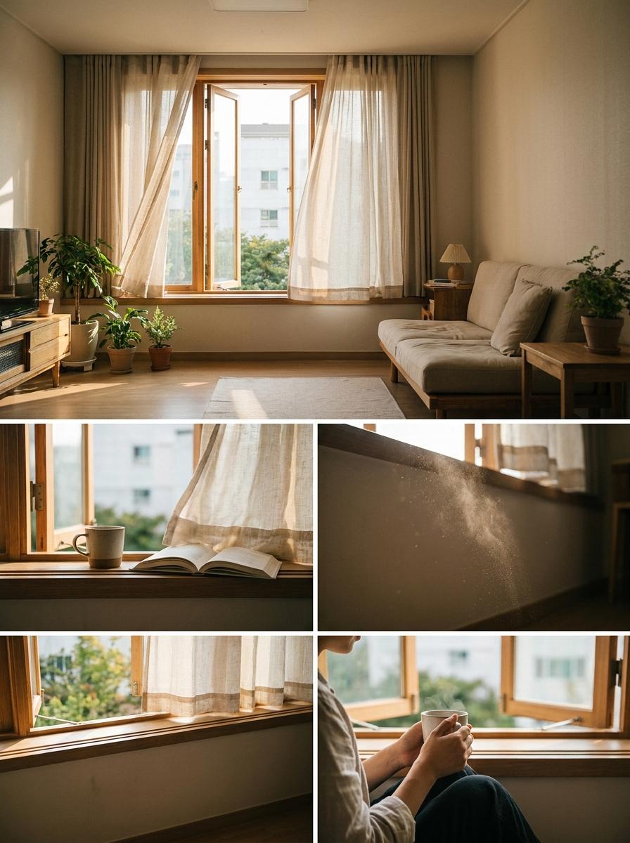 이른 아침 창문을 활짝 연 밝은 거실