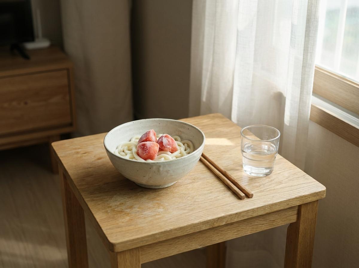 작은 식탁에 토마토 냉우동 한 그릇과 수저, 물컵을 간결하게 놓은 차림