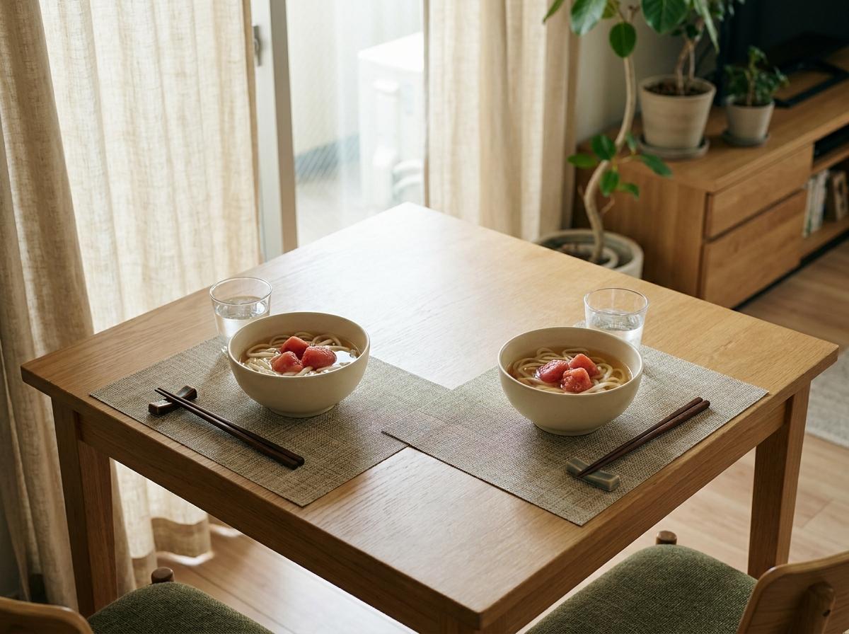 작은 식탁 양쪽에 토마토 냉우동을 한 그릇씩 놓고 가운데를 비워둔 두 사람의 차림