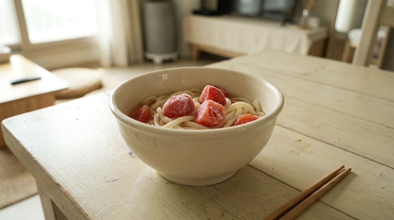 밝은 나무 식탁 위 크림색 그릇에 담긴 얼린 토마토 냉우동