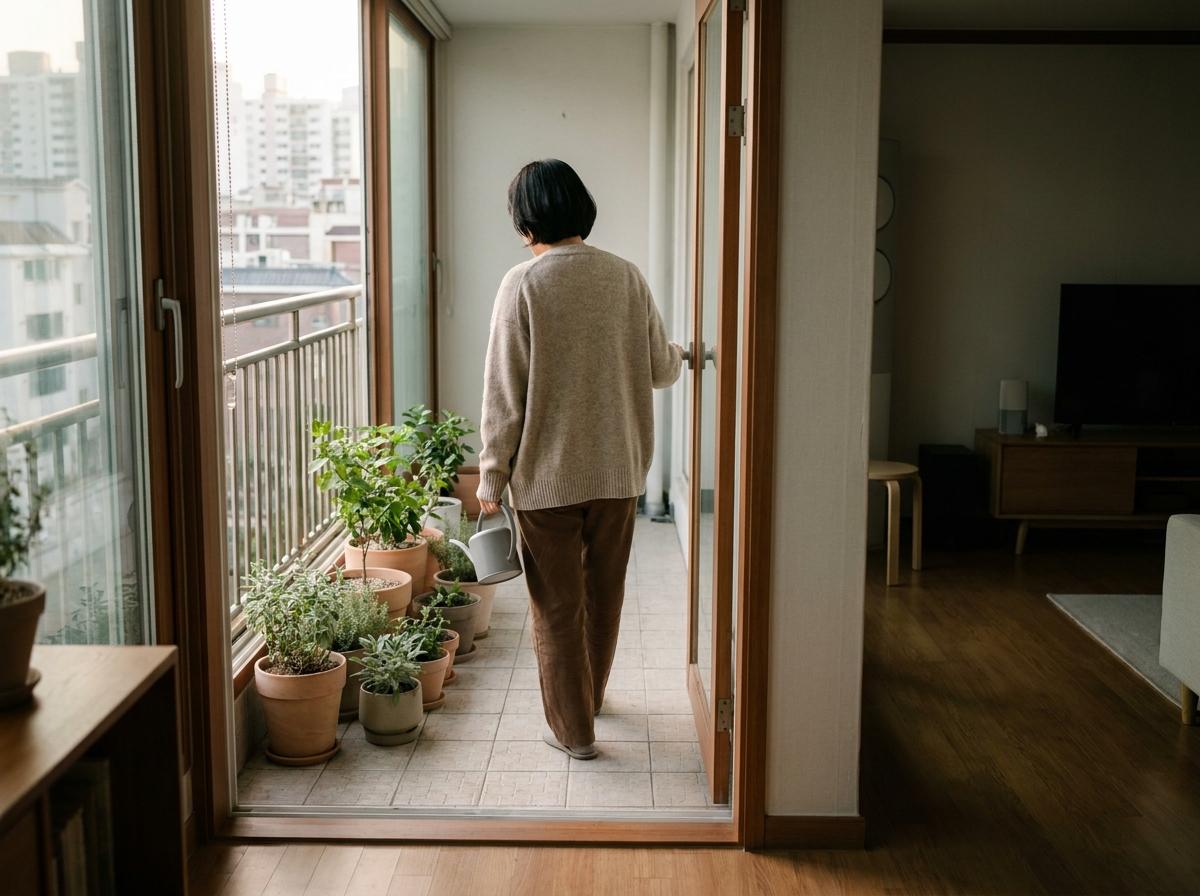화분을 한쪽에 모으고 비워둔 길로 물뿌리개를 든 사람이 들어가는 발코니