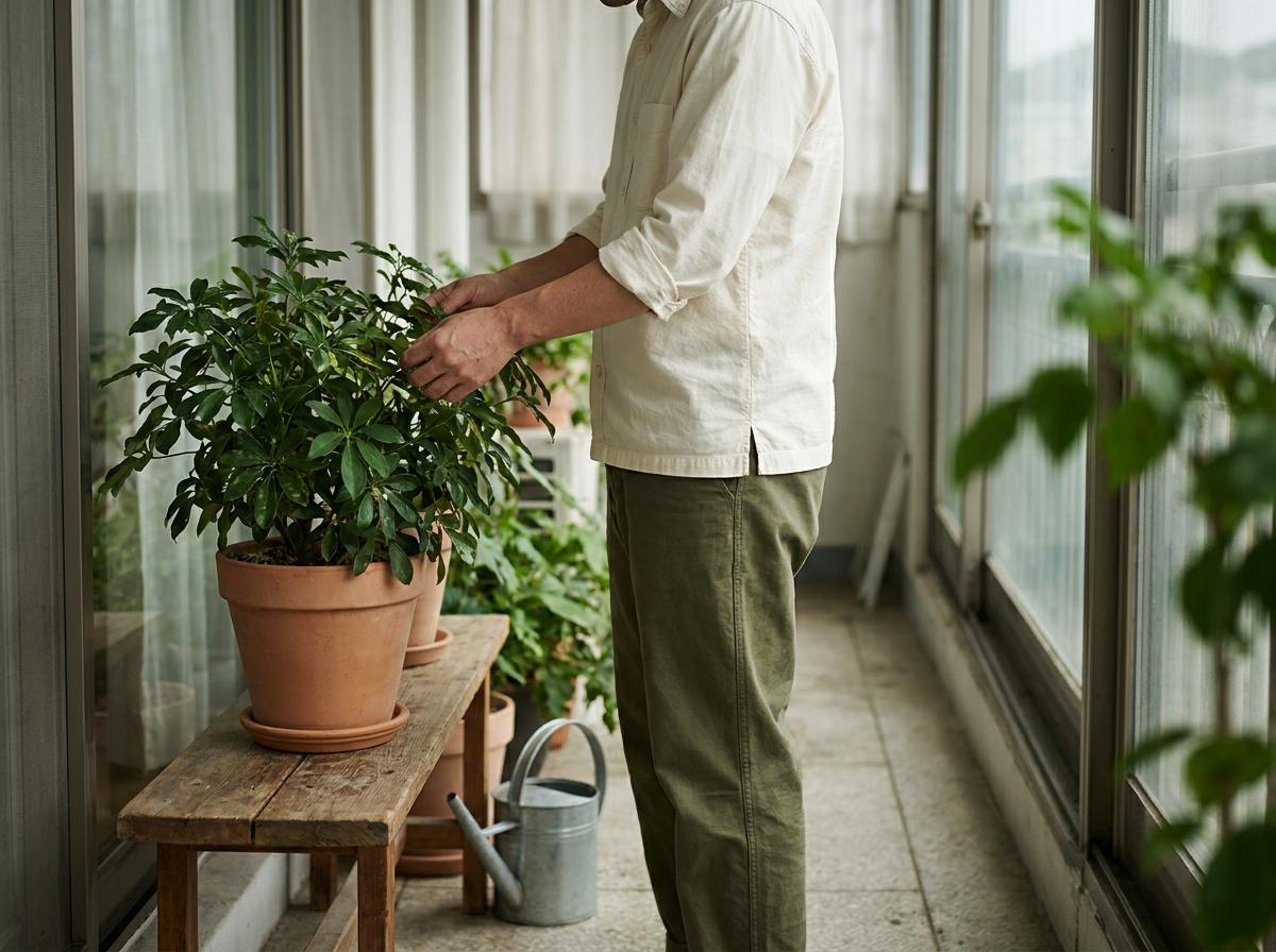 베란다 통로 옆 화분을 살펴보며 평소 관리하는 모습