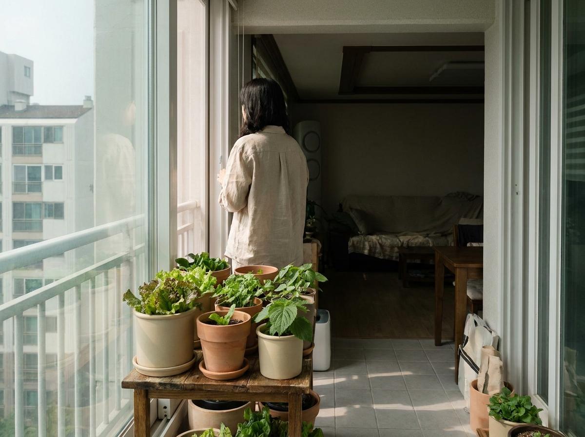작은 아파트 베란다 창가에서 햇빛과 잎채소 화분 자리를 살피는 모습