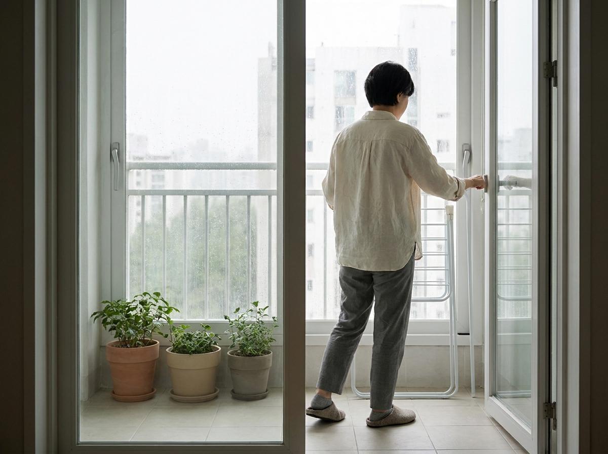 발코니 한쪽에 화분을 모으고 건조대를 꺼낼 통로를 남긴 배치