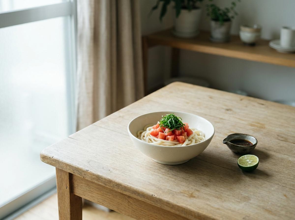 토마토와 채 썬 깻잎을 곁들인 우동 옆에 소스와 라임을 놓은 한 끼