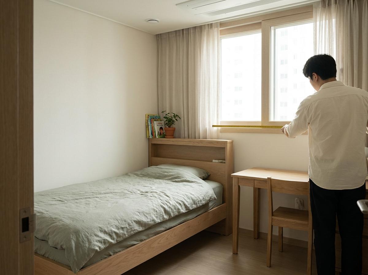 작은 침실에서 침대와 책상 주변의 창문 높이를 재는 모습