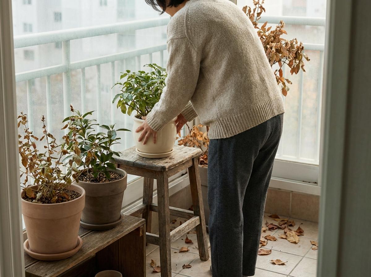 작은 베란다에서 통로를 남기며 화분 간격을 조정하는 모습