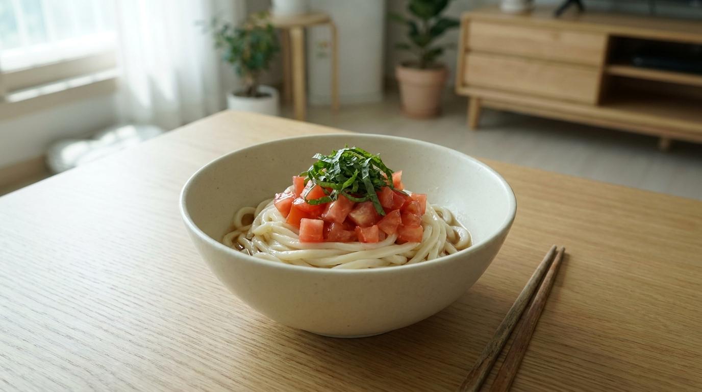 냉우동 레시피 — 깍둑썰기한 토마토와 채 썬 깻잎을 올린 냉우동 한 그릇